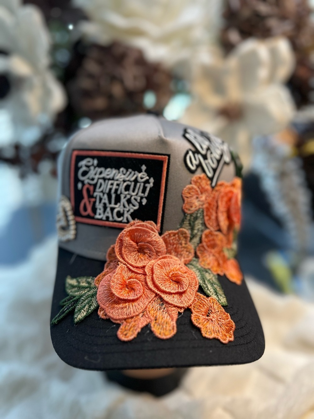 Floral Embroidered Trucker Cap - Orange Flowers